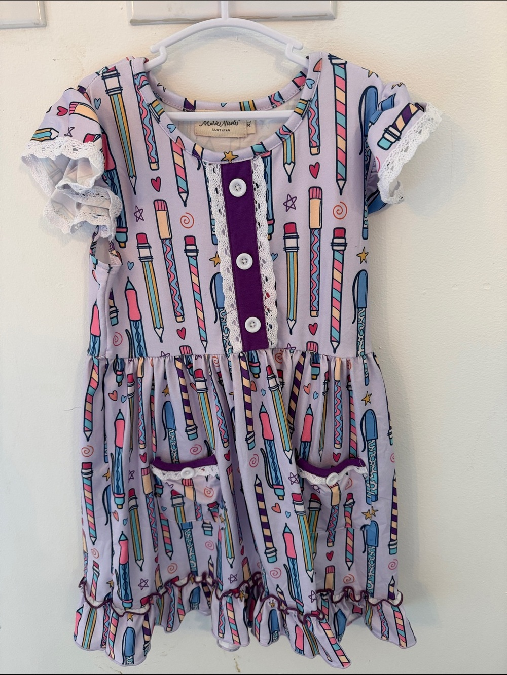 Lavender Pencil Print Ruffle Dress with Purple Placket - Kids